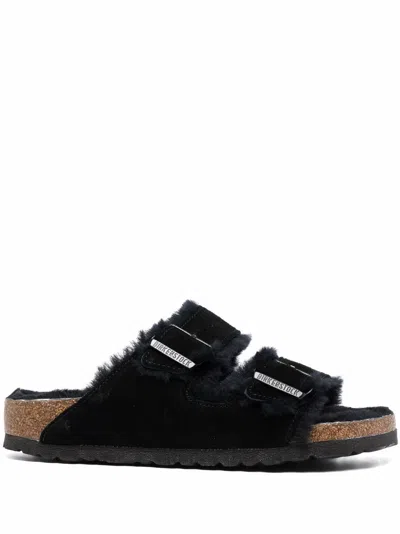 Birkenstock Arizona Slide Sandal With Genuine Shearling In Black