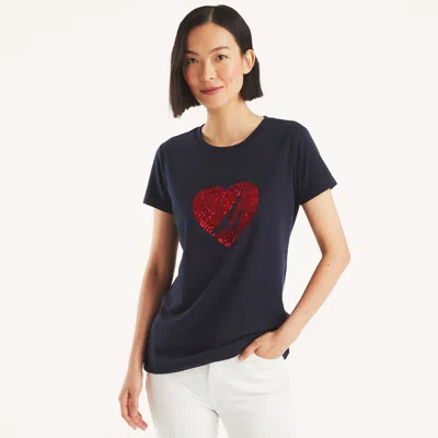 Nautica Womens Sequin Heart Graphic T-shirt In Multi