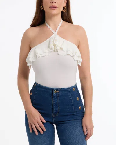 Bebe Halter Lurex Sweater Ruffle Top In White