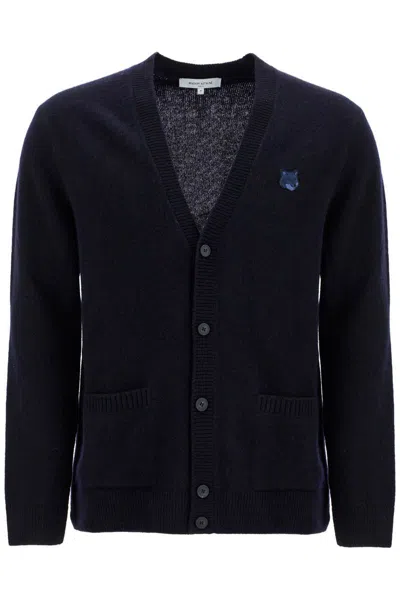 Shop Maison Kitsuné "bold Fox Head Wool Cardigan" In Blue