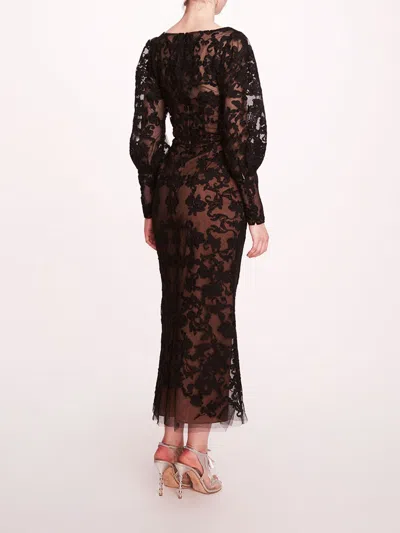 Marchesa Long Sleeve Corded Midi Dress In Black