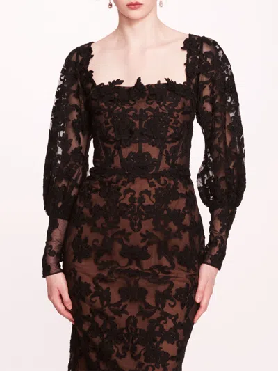 Marchesa Long Sleeve Corded Midi Dress In Black