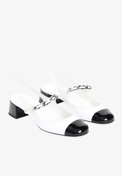 Miu Miu Chain Strap Slingback Cap Toe Pump In White
