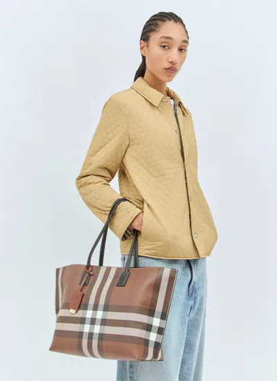 Shop Burberry Women Medium Check Tote Bag In Brown