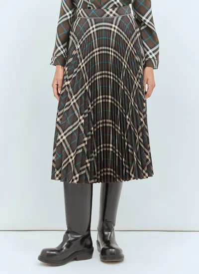 Burberry Long Multicolor Pleated Skirt With Check Motif In Wool Blend Woman In Green