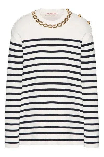 Valentino Embellished Striped Ribbed Cotton Sweater In Multicolor