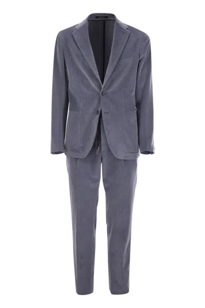 Tagliatore Ribbed Cotton And Cashmere Suit In Blue