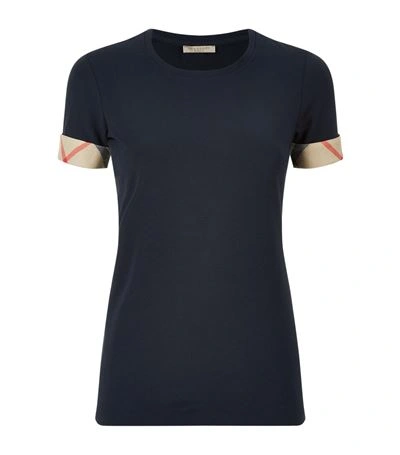 Burberry Check Cuff Stretch Cotton T-shirt In Navy