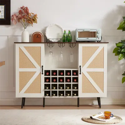 Streamdale Furniture Streamdale White Faux Rattan Barn Door Wine Cabinet With Wine Rack And Wine Glass Rack