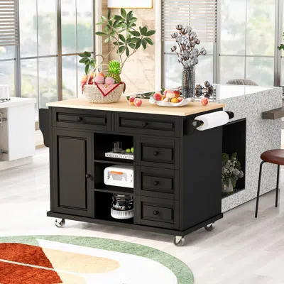 Streamdale Furniture Streamdale Mobile Kitchen Cart With Rubber Wood Desktop And 5 Draws - 53"