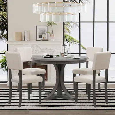 Streamdale Furniture Streamdale 5-piece Retro Round Dining Table Set With Curved Trestle Style