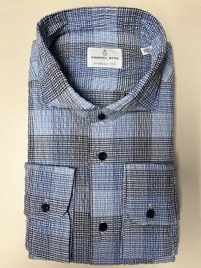 Emanuel Berg Marselie Crinkle Shirt In Blue Plaid In Blue