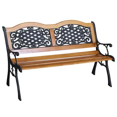 Streamdale Furniture Streamdale Slatted Wood & Metal Outdoor Garden Bench With Curved Armrests And Lattice Accents