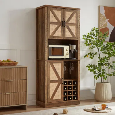 Streamdale Furniture Streamdale 76-inch Tall Rustic Oak Color Farmhouse Kitchen Faux Rattan Wine Cabinet