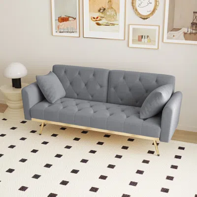 Streamdale Furniture Streamdale 68.3" Gray Velvet Nail Head Sofa Bed With Throw Pillow And Midfoot