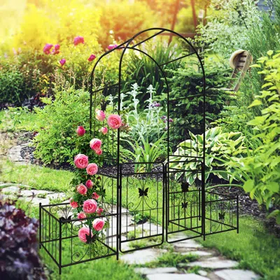 Streamdale Furniture Streamdale Metal Garden Arch With Gate 79.5" Wide X 86.6" High Climbing Plants Support Rose Arch Out