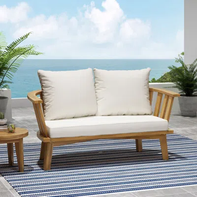 Streamdale Furniture Streamdale Outdoor Wooden Loveseat With Cushions - White/teak - 55.50" W X 27.00" D X 25.50" H