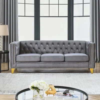 Streamdale Furniture Streamdale Modern Grey Velvet Sofa With Metal Legs