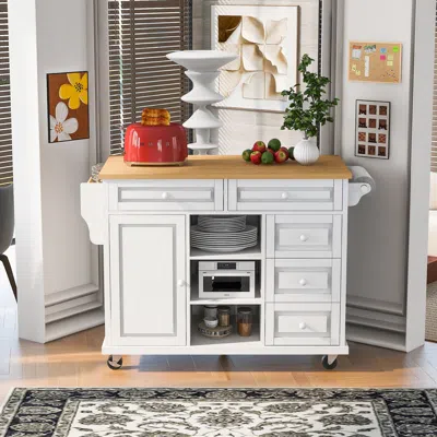 Streamdale Furniture Streamdale Mobile Kitchen Cart With Rubber Wood Desktop And 5 Draws - 53"