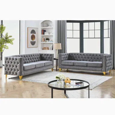 Streamdale Furniture Streamdale Modern Grey Velvet Sofa Set With Metal Legs