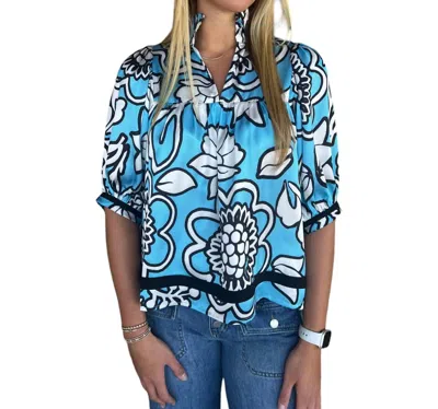 Harlow Jade Melody Tam High Neck Puff Sleeve Top In Aqua Floral In Multi