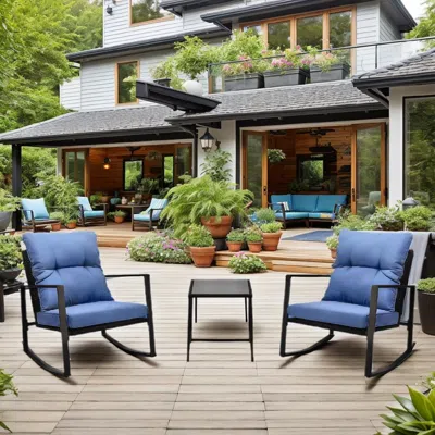 Streamdale Furniture Streamdale 3 Pieces Patio Bistro Set Outdoor Rocking Chair W Blue Cushion For Yard Garden Poolside