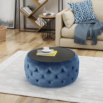 Streamdale Furniture Streamdale Modern Glam Velvet Ottoman With Button-tufted Stitch And Glass Top