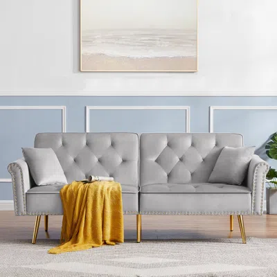 Streamdale Furniture Streamdale Grey Velvet Tufted Sofa Couch With 2 Pillows And Nailhead Trim