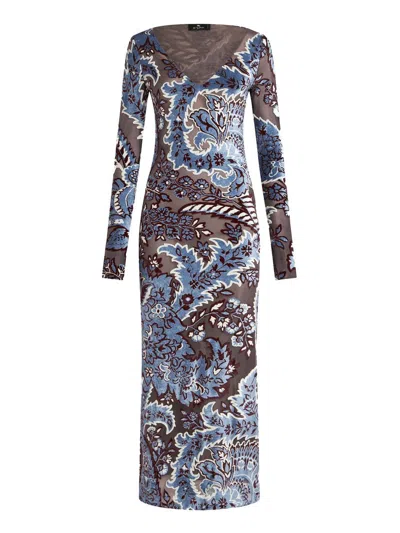 Etro Blue Long Dress With All-over Paisley Motiv In Viscose Blend In Multicolor