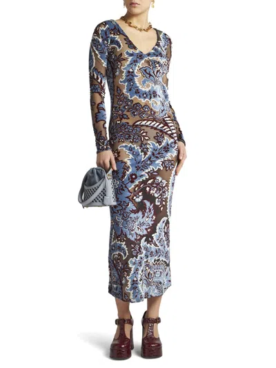 Etro Blue Long Dress With All-over Paisley Motiv In Viscose Blend In Multicolor