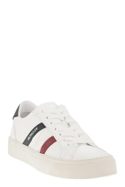 Moncler Monaco White Low Top Sneakers With Tricolor Stripes And Logo In Faux Leather Woman In White
