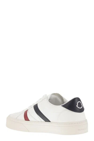 Moncler Monaco White Low Top Sneakers With Tricolor Stripes And Logo In Faux Leather Woman In White