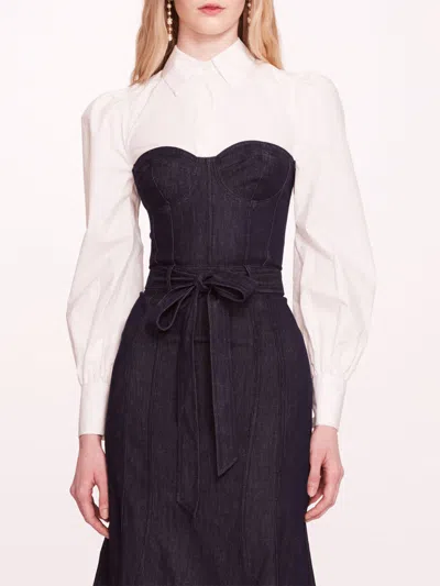 Marchesa Denim Poplin Shirt Dress In Deep Indigo Ivory
