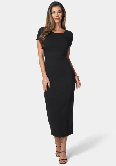 Bebe Short Sleeve Ribbed Midi Dress In Black