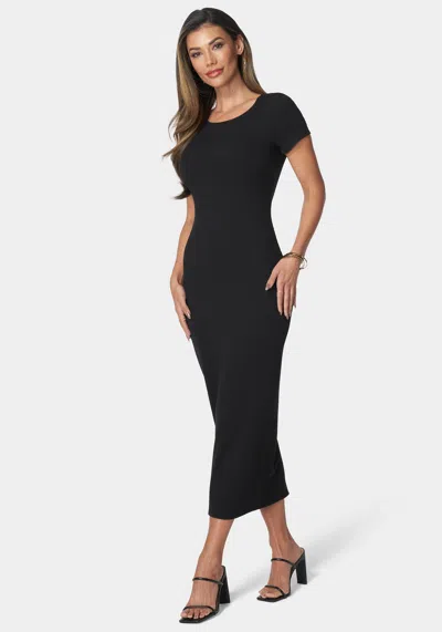 Bebe Short Sleeve Ribbed Midi Dress In Black
