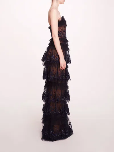 Marchesa Tiered Terrarium Column Gown In Midnight