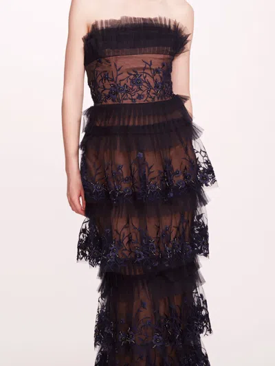 Marchesa Tiered Terrarium Column Gown In Midnight