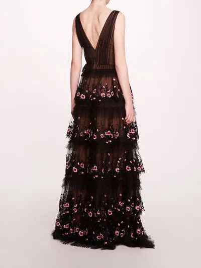 Marchesa Tiered Terrarium V-neck Gown In Black Blush