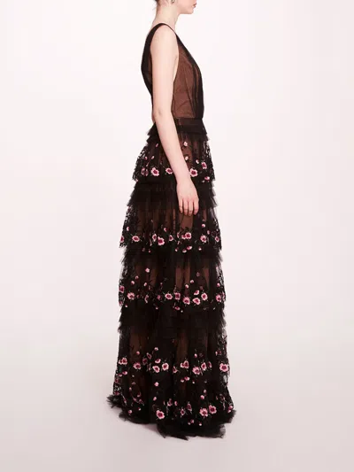 Marchesa Tiered Terrarium V-neck Gown In Black Blush