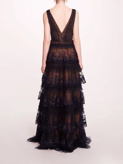 MARCHESA TIERED TERRARIUM V-NECK GOWN 