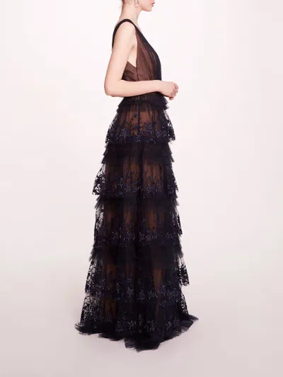 Marchesa Tiered Terrarium V-neck Gown In Midnight
