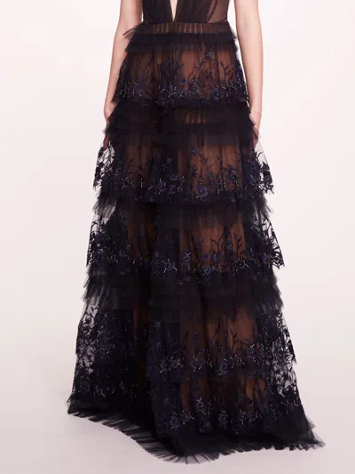 Marchesa Tiered Terrarium V-neck Gown In Midnight