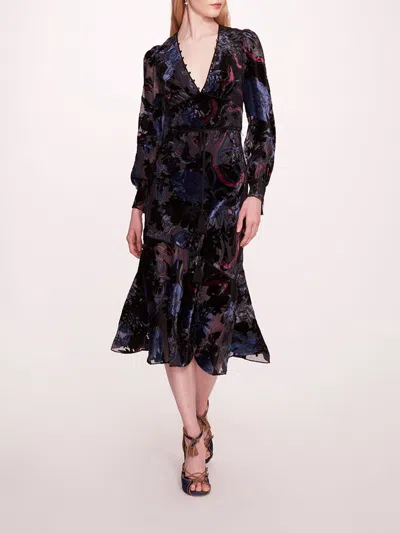 Marchesa Velvet Burnout Midi Dress In Blue Multi