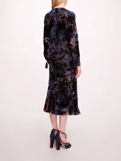 Marchesa Velvet Burnout Midi Dress In Blue Multi