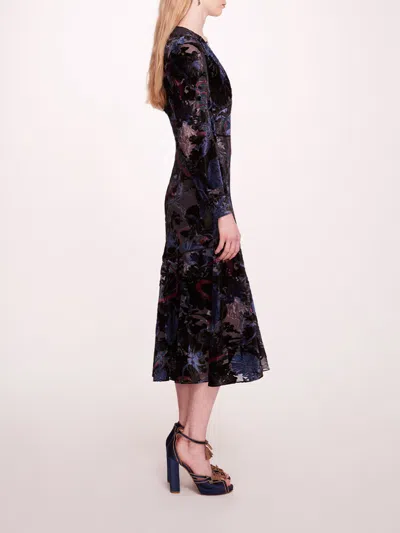 Marchesa Velvet Burnout Midi Dress In Blue Multi