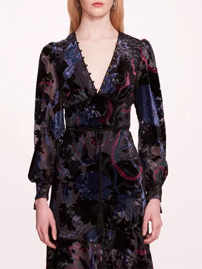 Marchesa Velvet Burnout Midi Dress In Blue Multi