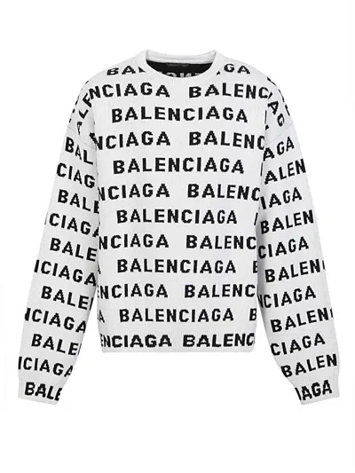 Shop Balenciaga Men Allover Logo Wool Crewneck Jumper In Multicolor