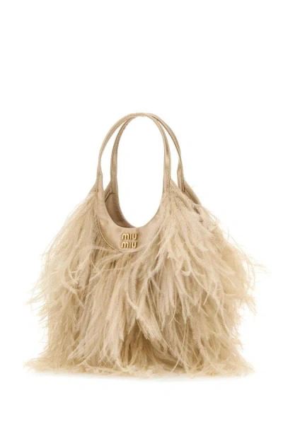 Miu Miu Feather-detail Satin Handbag In Brown