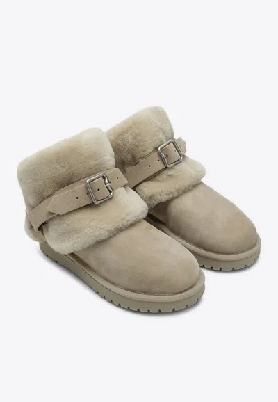 Burberry Suede Shearling Snow Boots With Buckle Detail In Gray