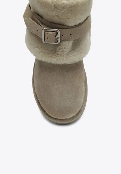 Burberry Suede Shearling Snow Boots With Buckle Detail In Gray